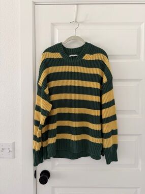 American Eagle Outfitters Green and Yellow Striped Crewneck Sweater